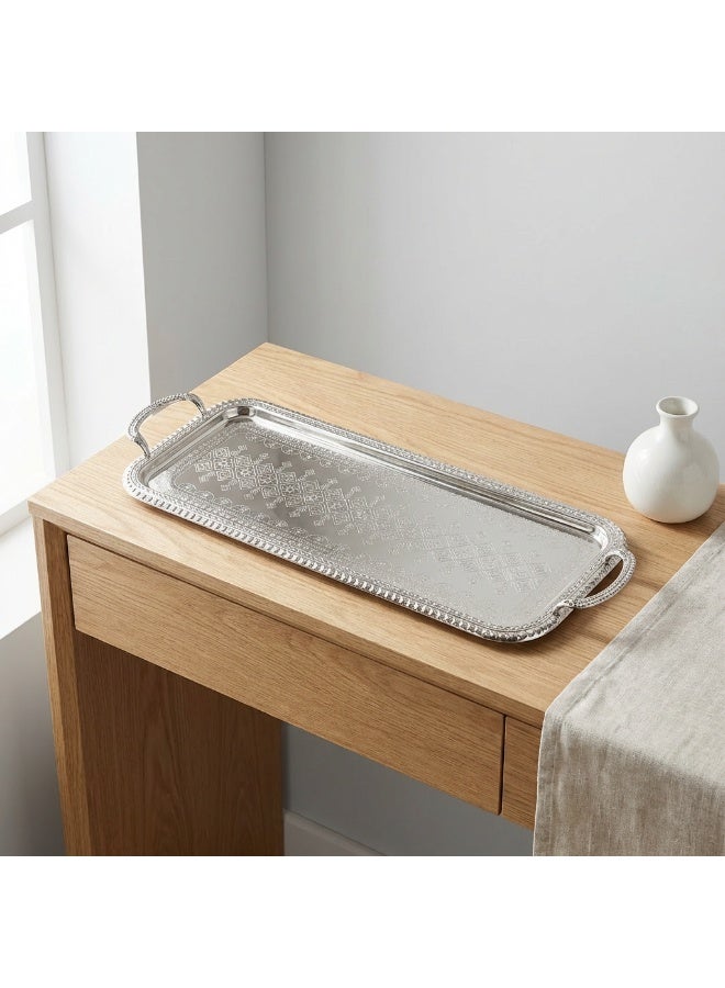 Si Bonne Luxury Rectangular Silver Decorative Serving Tray with Ornate Engraved Design and Side Handles - Image 3
